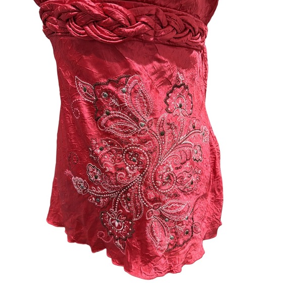 Y2K Womens Red Tie Back Babydoll Tunic Top Braided Waist Embroidered Floral S/M - Picture 2 of 3
